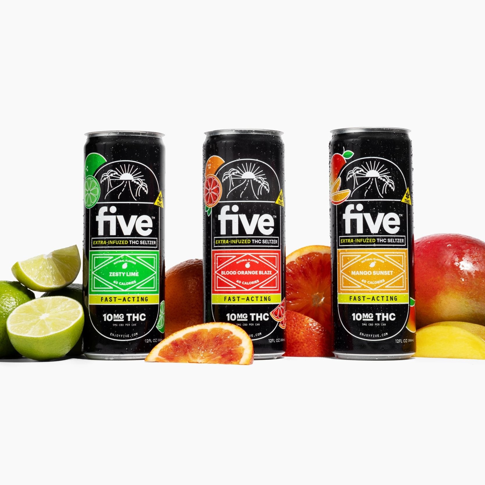 Three Five THC seltzer cans—Zesty Lime, Blood Orange Blaze, Mango Sunset—arranged with lime, blood orange and mango slices.
