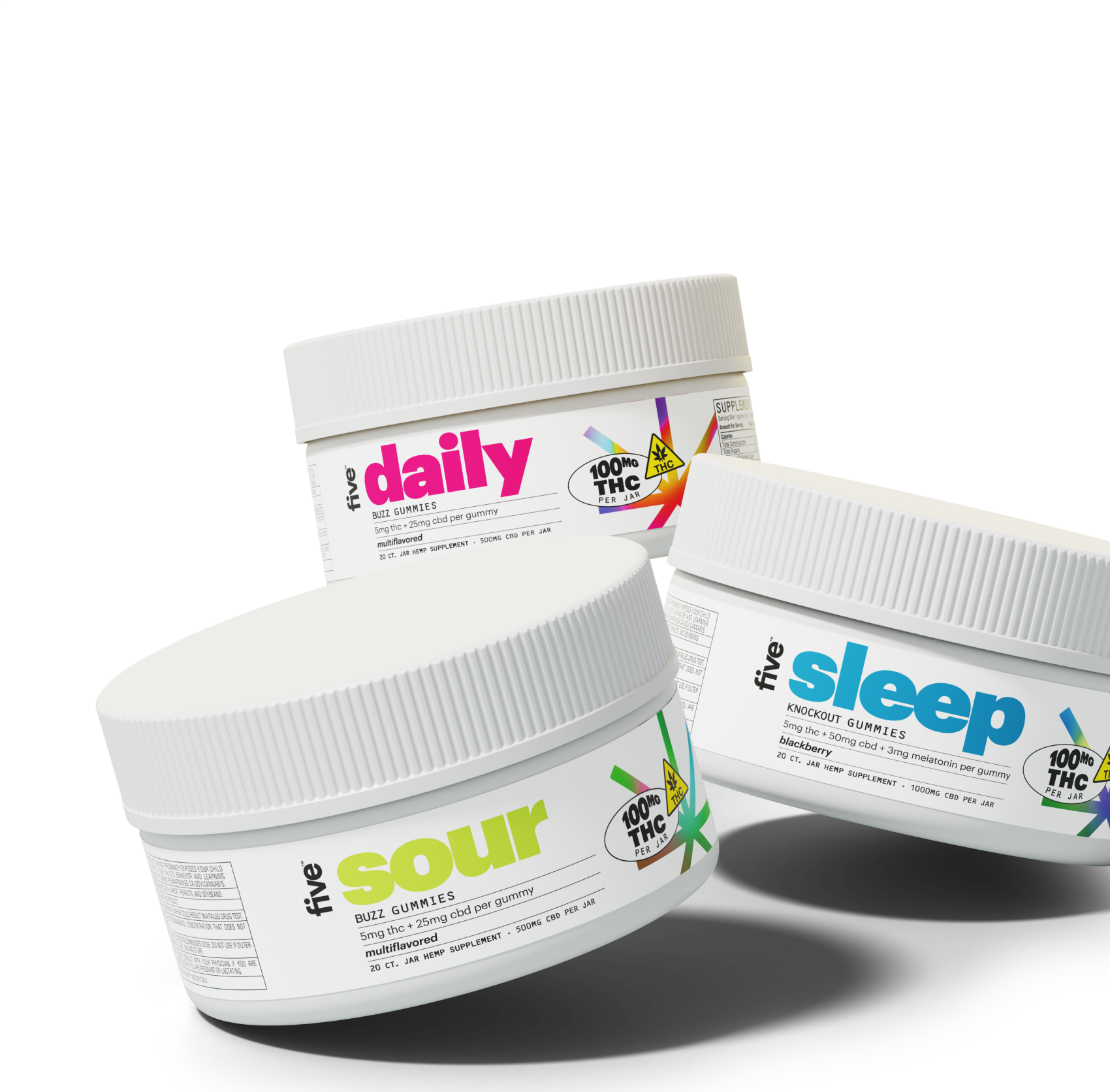Three jars of five brand gummies labeled 'daily', 'sour', and 'sleep' with details including 'BUZZ GUMMIES', 'KNOCKOUT GUMMIES', '5mg thc + 25mg cbd per gummy', 'multiflavored', 'blackberry', and '100MG THC PER JAR'.