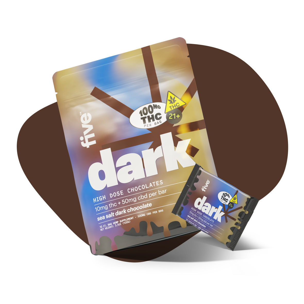 five dark sea salt dark chocolate pouch and bar — HIGH DOSE CHOCOLATES, 100MG THC PER BAG, 10mg thc + 50mg cbd per bar, 21+