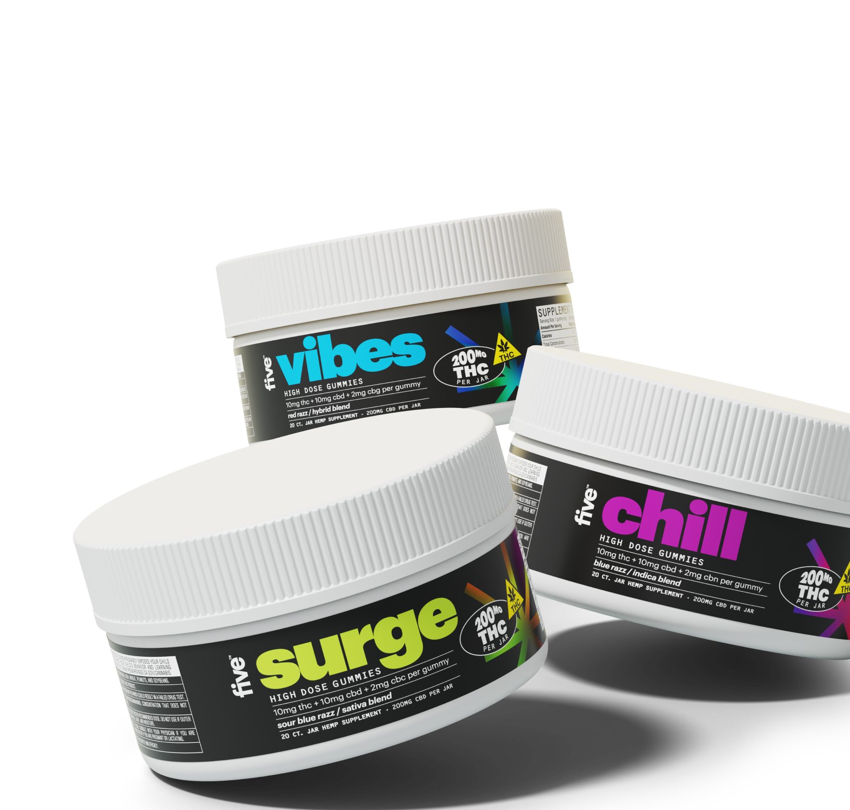 Three jars of Five brand high dose gummies labeled 'vibes', 'surge', and 'chill', each with 200mg THC per jar and different flavor blends: red razz hybrid, sour blue razz sativa, and blue razz indica.