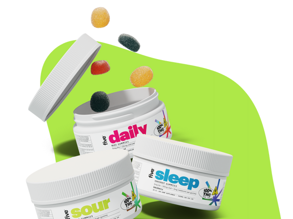 Three containers of gummies labeled 'five daily', 'five sour', and 'five sleep' with colorful gummies floating above the 'daily' container.