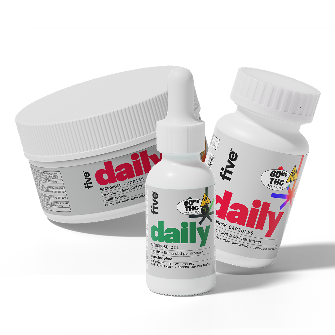 Three-quarter view of Daily microdose gummies jar, dropper oil, and capsules with daily label and 60MG THC badge