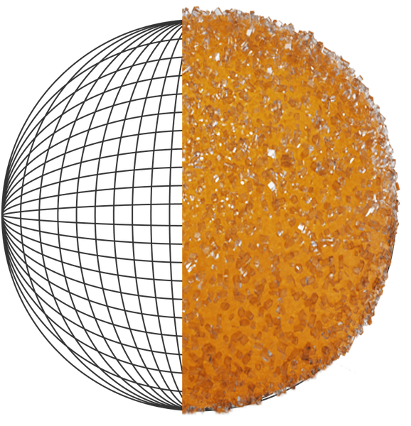 Left half black wireframe sphere; right half orange crystalline granular sphere, showing contrast between wireframe and textured surface.