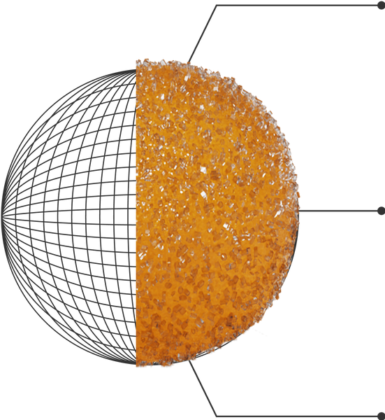 Half of a sphere with a black grid pattern on the left side and an orange crystalline texture on the right side, showing a contrast between the two surface types.