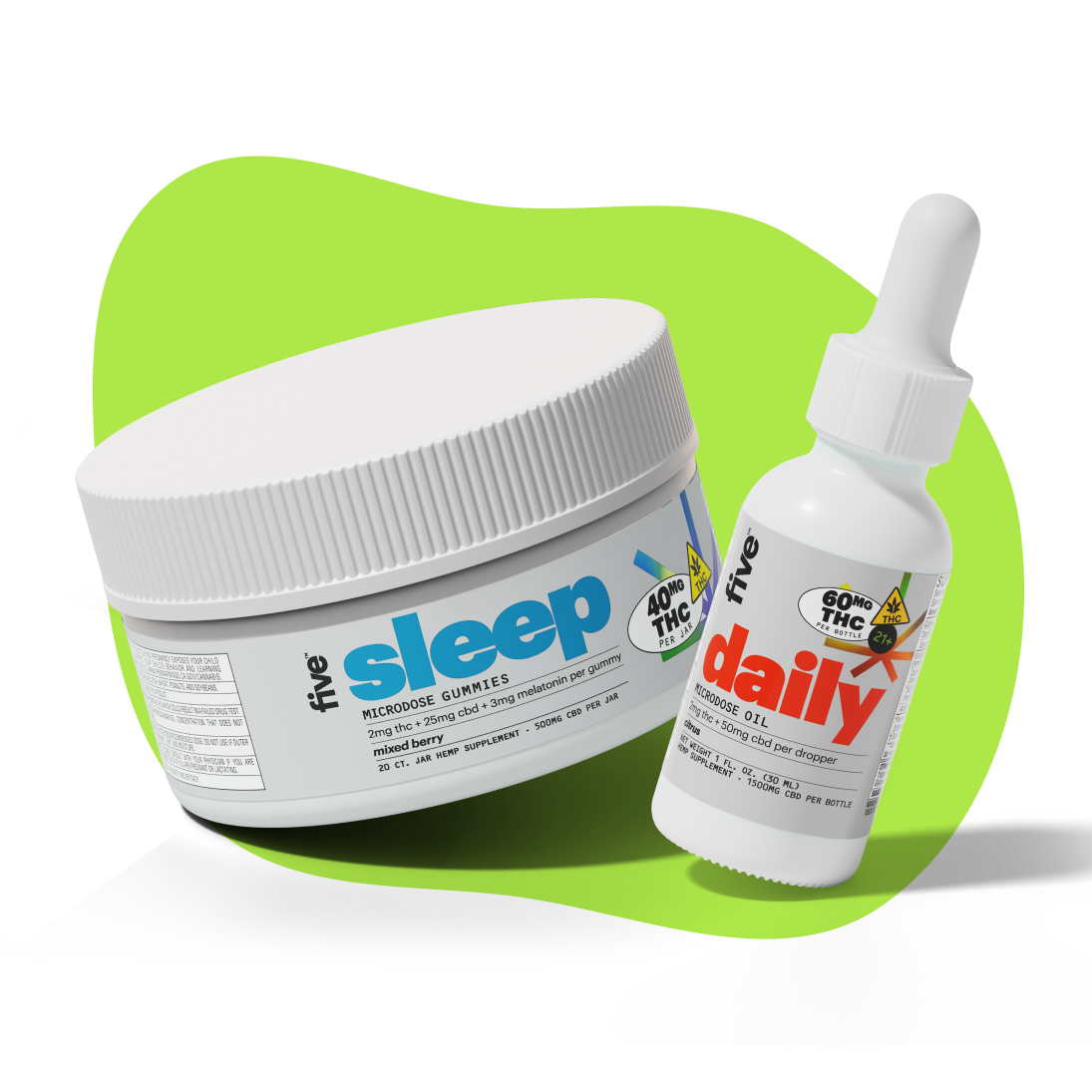 Two white containers on a green background: a round jar labeled 'five sleep microdose gummies 400mg THC' and a dropper bottle labeled 'five daily microdose oil 60mg THC'.