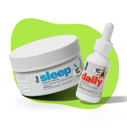 Two white containers on a green background: a round jar labeled 'five sleep microdose gummies 400mg THC' and a dropper bottle labeled 'five daily microdose oil 60mg THC'.