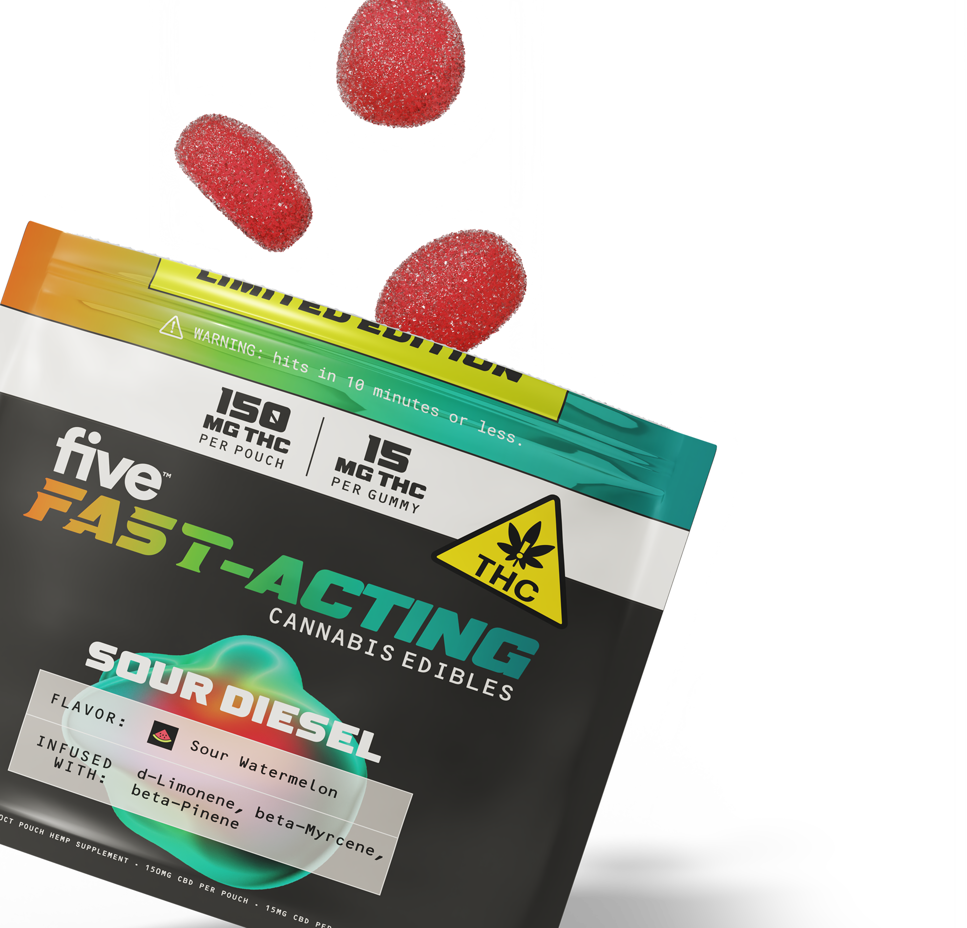 Five Fast-Acting Sour Diesel cannabis gummies pouch showing three red sugar-coated gummies; 15 mg THC per gummy