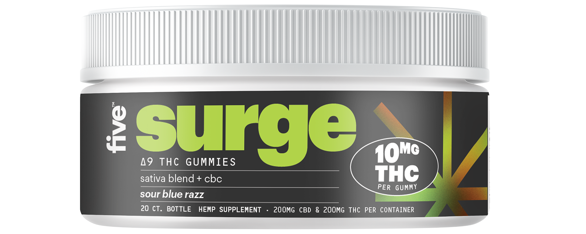 Container of Five Surge Delta 9 THC Gummies, sativa blend + cbc, sour blue razz flavor, 10MG THC per gummy, 20 count bottle